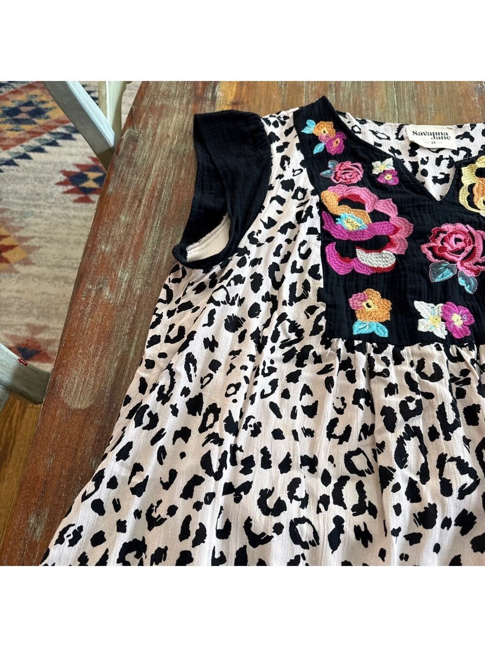 Savanna Jane Mini Dress 2X Beige Black Leopard Floral Multicolor Embroidery Boho - Picture 3 of 16